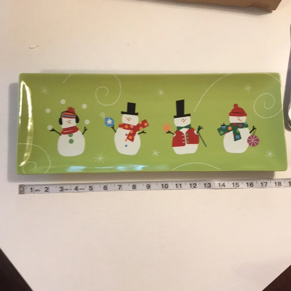 NWT snowman rectangular plate bright green for aperitifs cheese crackers fruit